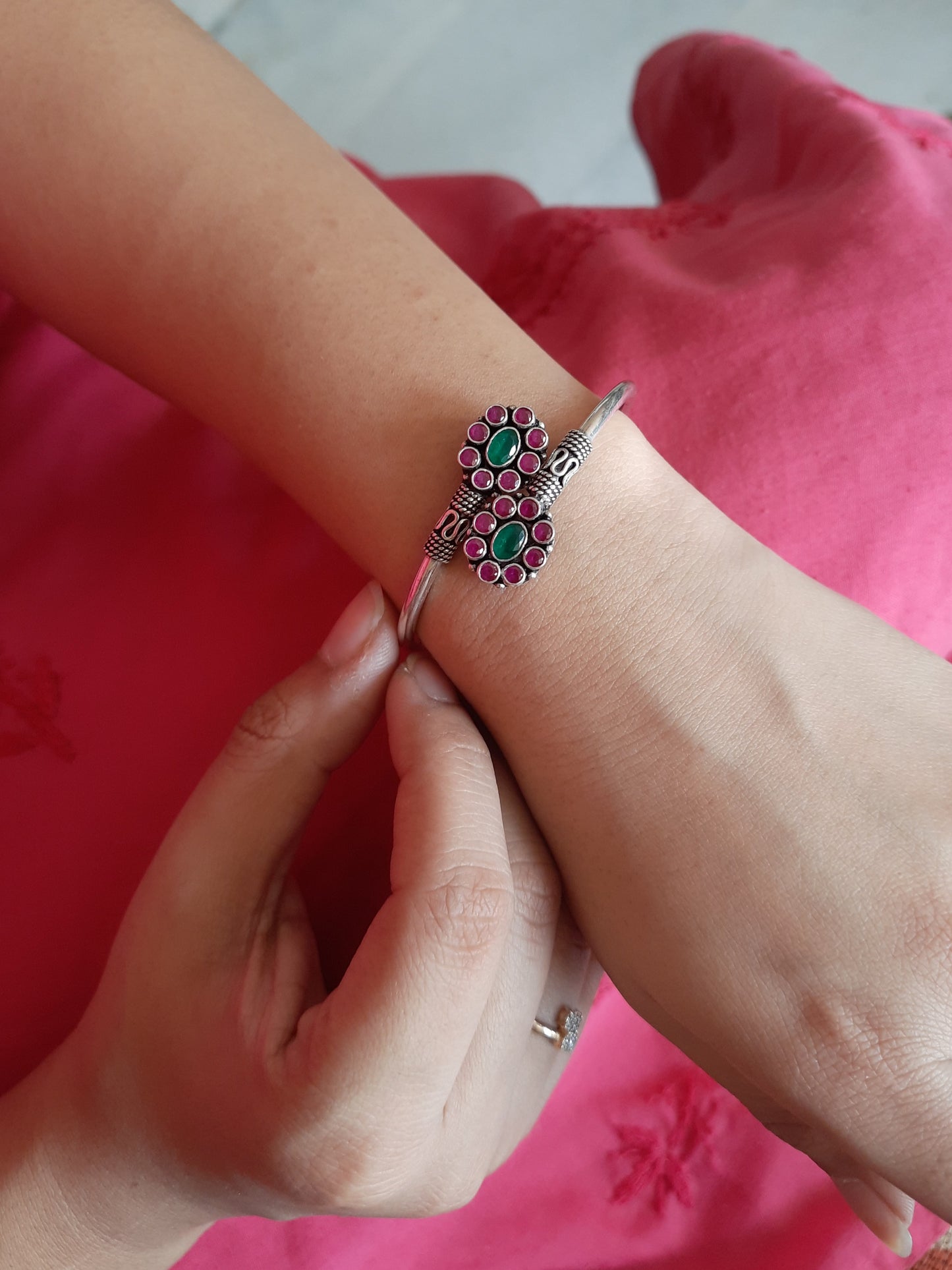 Ruby Green Colored Flower Kada